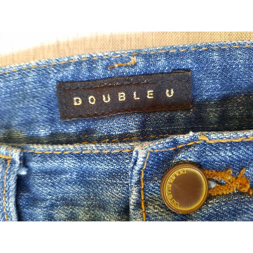 Double U Women Small Thigh Whisker Distress Ripped Blue Jeans Art Logo Cotton - Picture 5 of 8